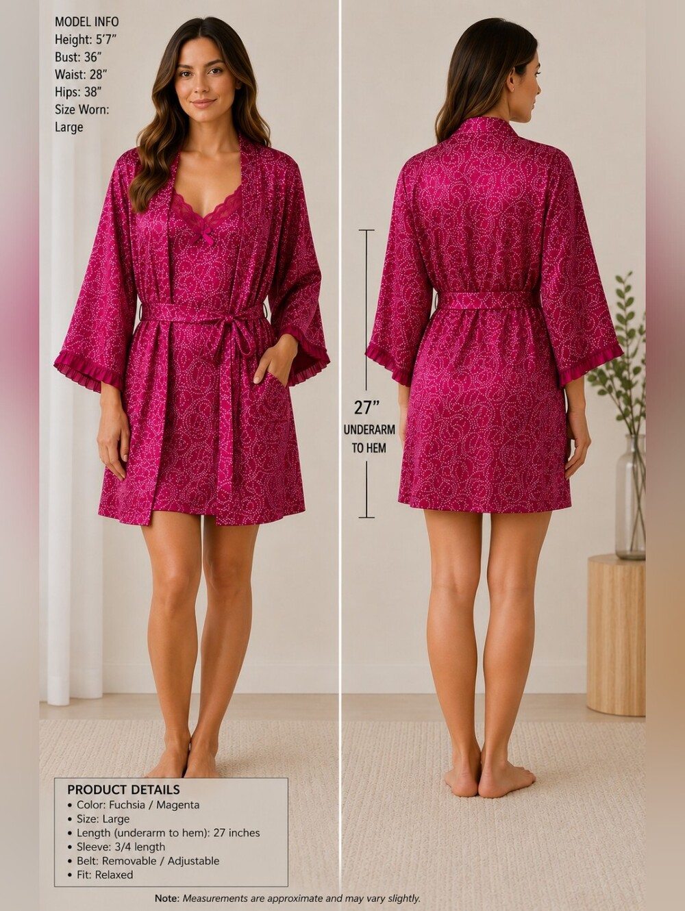 Adonna Fuchsia Satin Robe Large & Matching Nightgown Medium Womens Sleepwear Set